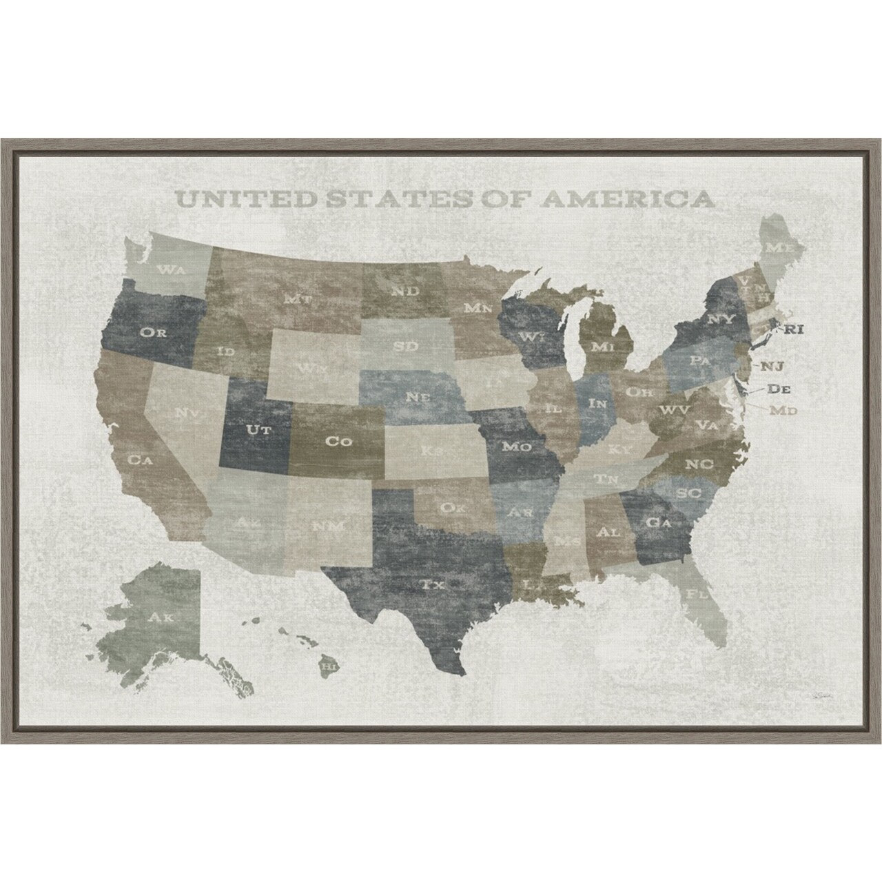 Slate US Map by Sue Schlabach 23-in. W x 16-in. H. Canvas Wall Art Print Framed in Grey